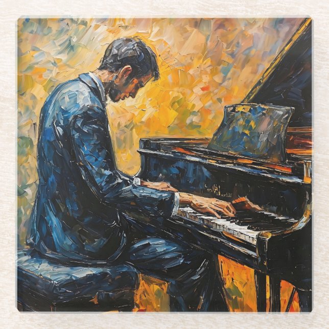 Piano Player - Oil Painting Glass Coaster (Front)
