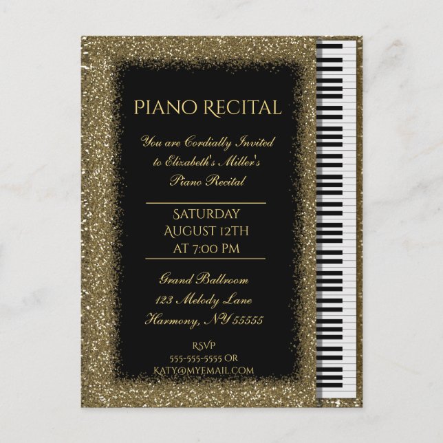 Piano Recital Gold Glitter Baby Grand Invitation Postcard (Front)