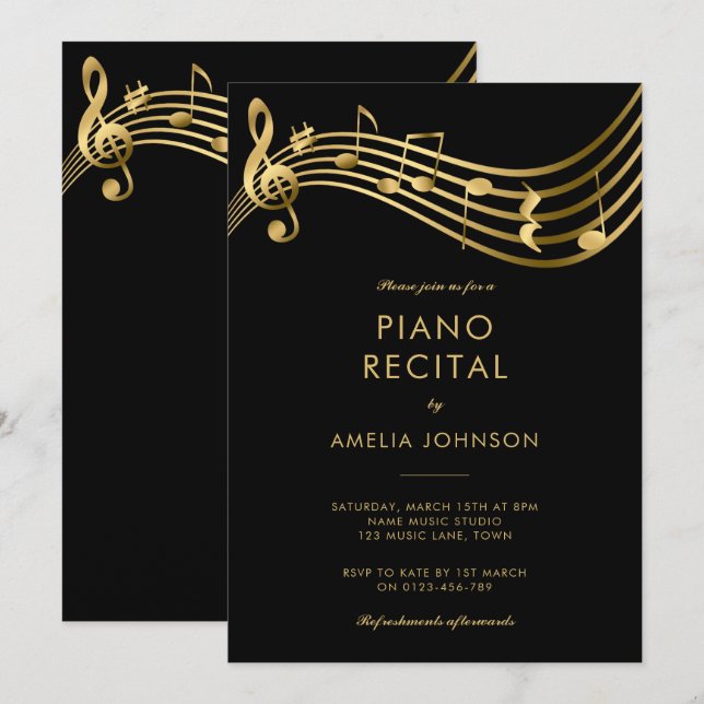 Piano Recital Gold Music Notes Elegant Invitation (Front/Back)