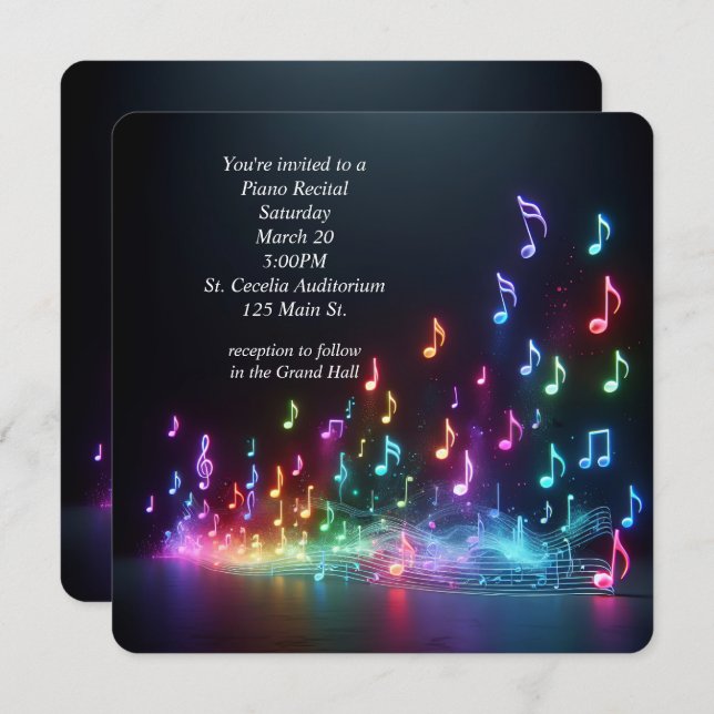 Piano Recital Neon Musical Notes  Invitation (Front/Back)