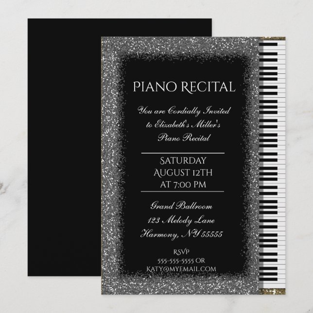 Piano Recital with Silver Glitter on Black Invitation (Front/Back)