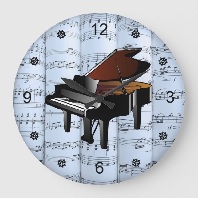 Piano ~ Rolled Sheet Music ~ Blue Tint Background  Large Clock (Front)