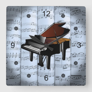Piano ~ Rolled Sheet Music ~ Blue Tint Background Square Wall Clock