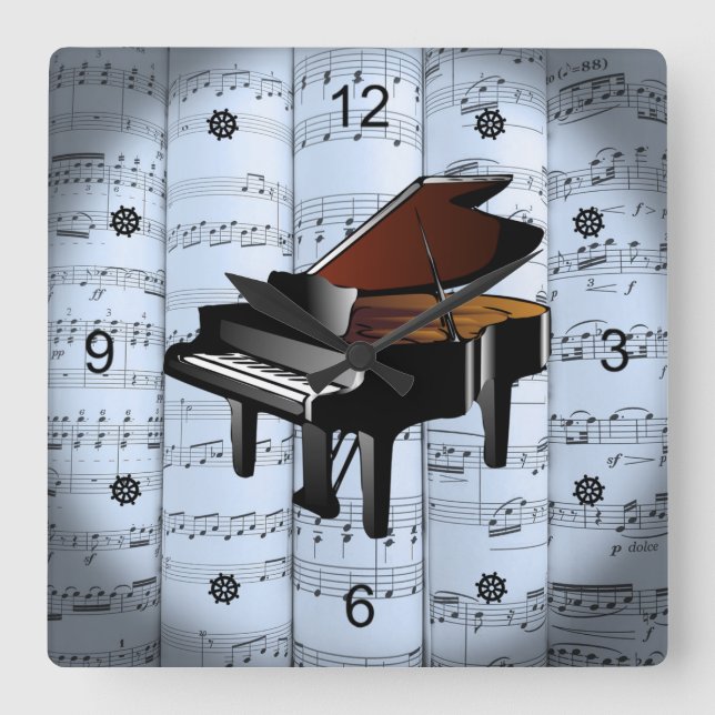 Piano ~ Rolled Sheet Music ~ Blue Tint Background  Square Wall Clock (Front)