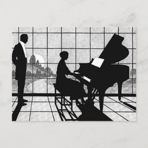 Piano Silhouette Art Deco Style Black and White Postcard