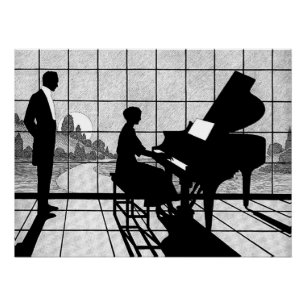 Piano Silhouette Art Deco Style Black and White Poster