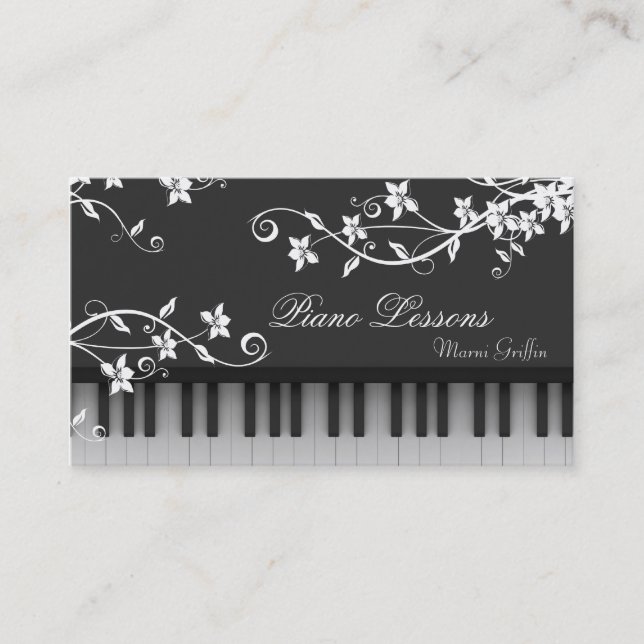 Piano Teacher Lessons Business Card Floral Swirl (Front)