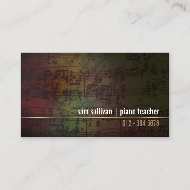 Piano Teacher Musician Grunge Music Notes Business Card (Front)