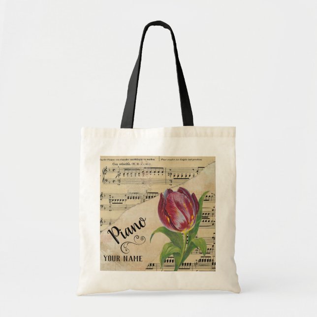 Piano Tulip Vintage Sheet Music Customised Tote Bag (Front)