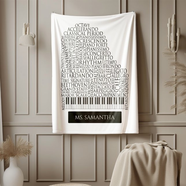 Piano Word Cloud Gift for Piano Teacher Fleece Blanket (Creator Uploaded)