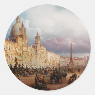 Piazza Navona Rome Market 1850s Art Classic Round Sticker