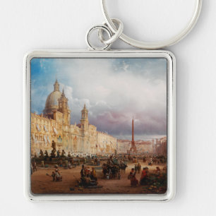 Piazza Navona Rome Market 1850s Art Key Ring