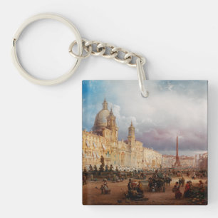 Piazza Navona Rome Market 1850s Art Key Ring