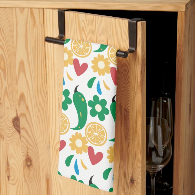 Picante Fiesta Chilli Colourful Pattern Tea Towel (Thirds Fold)