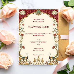 Pichwai Indian Lotus Peacock Wedding Invitation