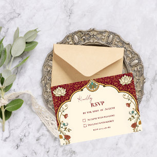 Pichwai Indian Lotus Peacock Wedding RSVP Card