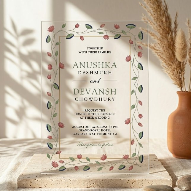Pichwai Lotus Vine Border Frame Indian Wedding Acrylic Invitations (Creator Uploaded)
