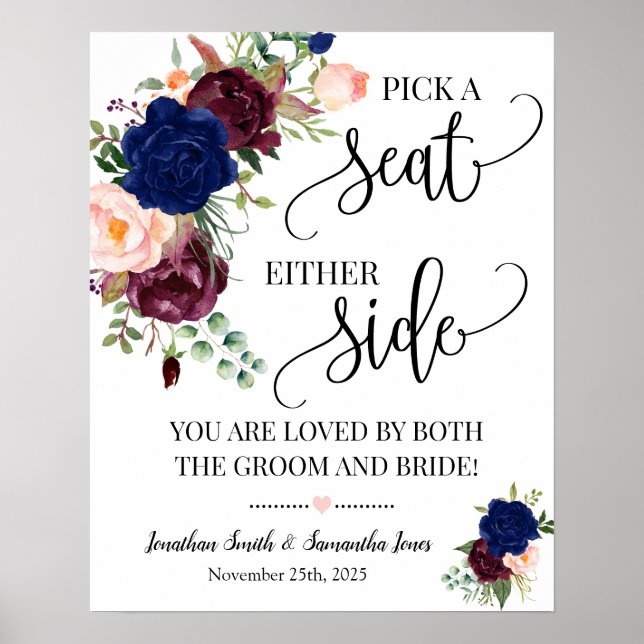 Pick a seat either side wedding ceremony navy sign (Front)