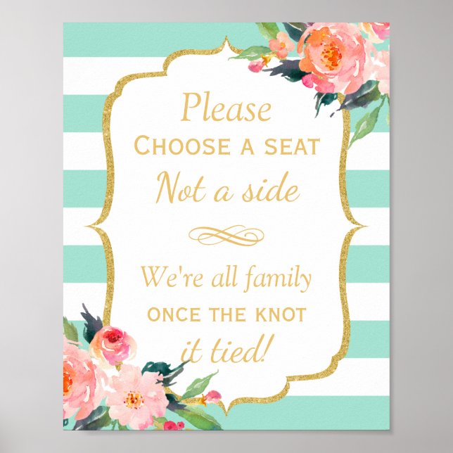 Pick a Seat Not a Side | Mint Green Stripes Floral Poster (Front)