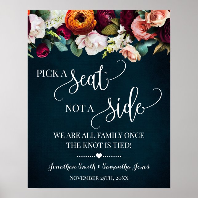 Pick a Seat not a Side Wine Navy Wedding Ceremony Poster (Front)