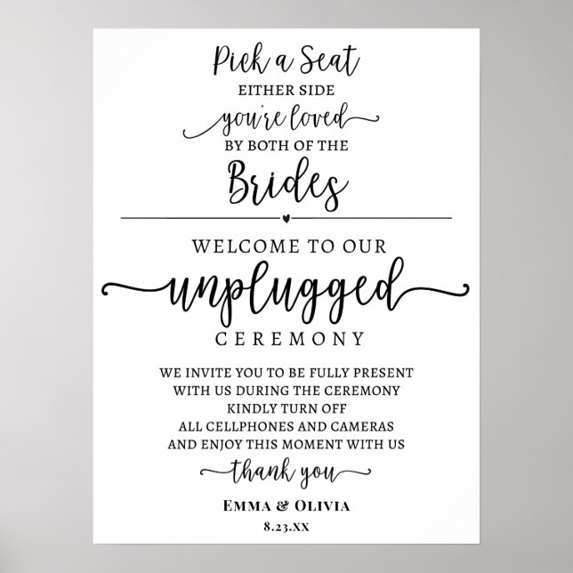 Pick a seat unplugged ceremony Brides sign (Front)