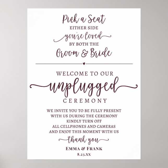 Pick a Seat Unplugged Ceremony Sign in Merlot (Front)