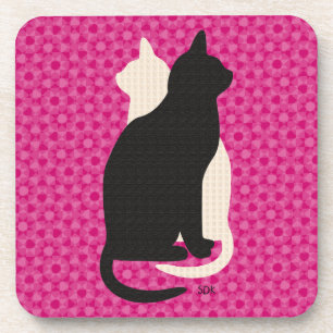 Pick Colour Black White Cat Duo Yin Yang Style Coaster