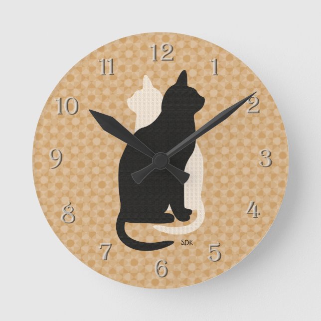 Pick Colour Black White Cat Duo Yin Yang Style Round Clock (Front)