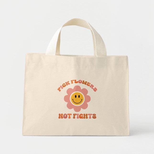 Pick Flowers Not Fights. Boho Daisy Mini Tote Bag (Front)