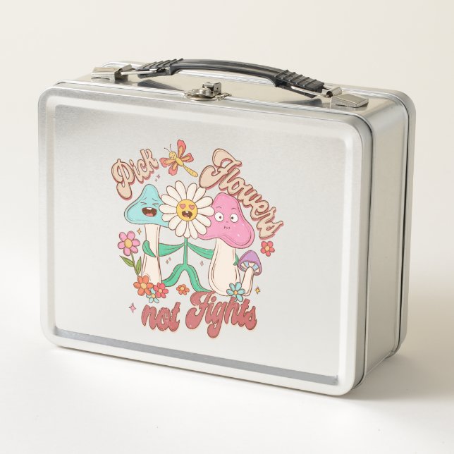 Pick Flowers, Not Fights | Mushroom & Floral Metal Lunch Box (Front)