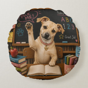 Pick Me! Cute School Dog Raising Paw Round Cushion