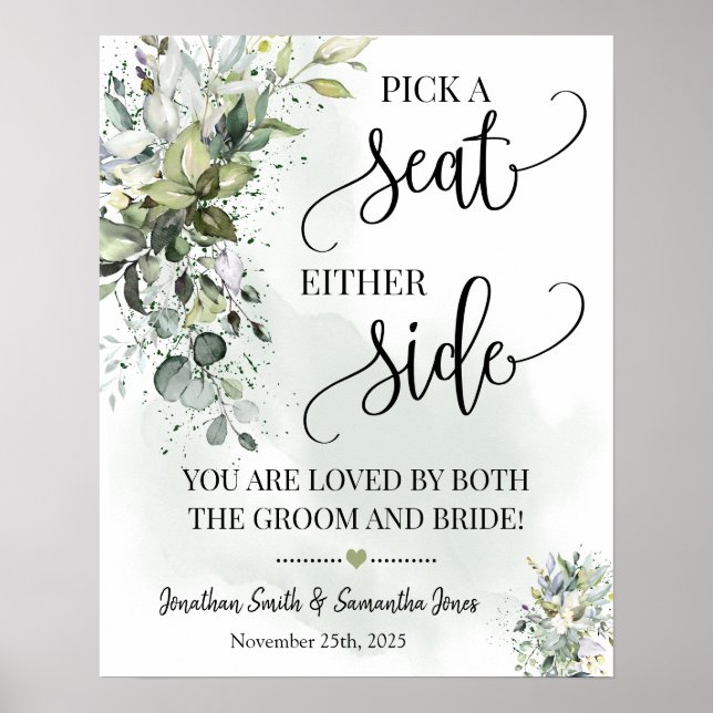 Pick seat either side wedding ceremony eucalyptus poster (Front)