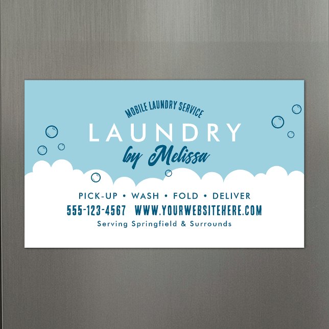 Pick-Up Laundry Service Blue & White Magnetic Card (Promotional laundry service magnetic business cards in blue and white)