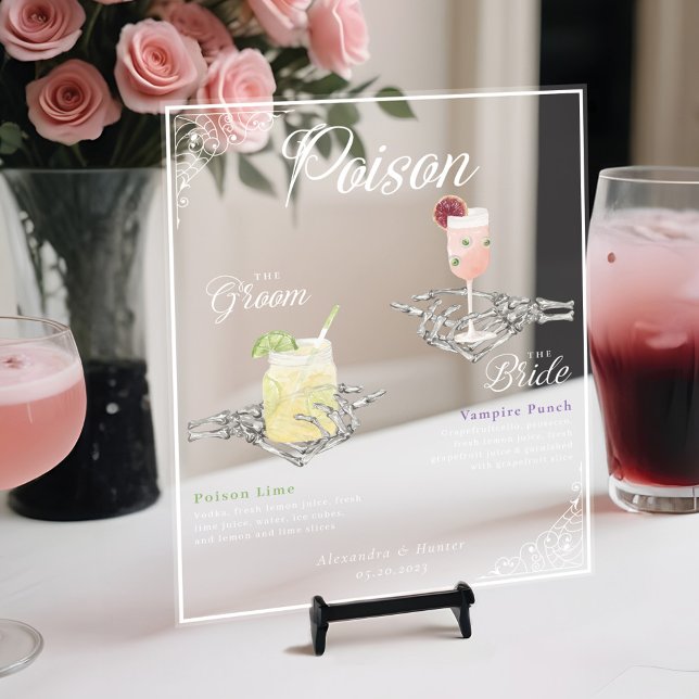 Pick Your Poison Skeleton Bride & Groom Cocktails Acrylic Sign (Pick Your Poison Skeleton Bride & Groom Cocktails Acrylic Sign)