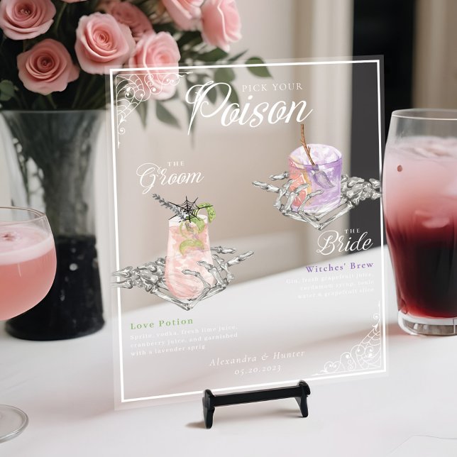 Pick Your Poison Skeleton Bride & Groom Cocktails Acrylic Sign (Pick Your Poison Skeleton Bride & Groom Cocktails Acrylic Sign)