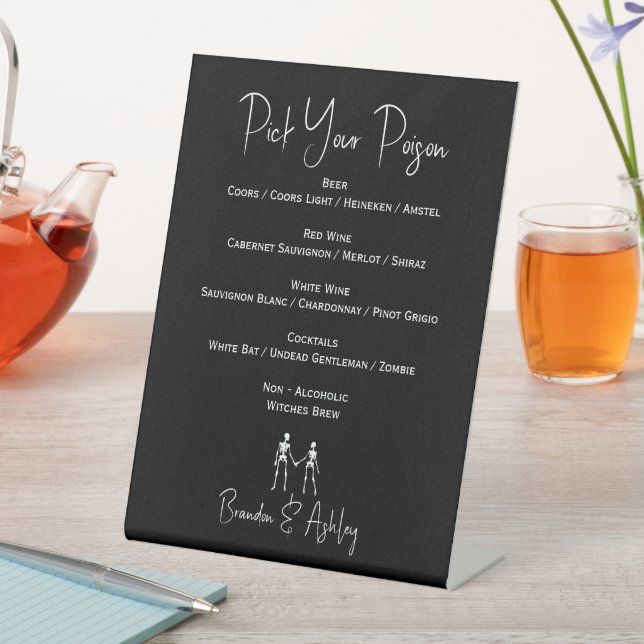 Pick Your Poison Skeleton Wedding White 2 Bar Menu Pedestal Sign (In SItu)