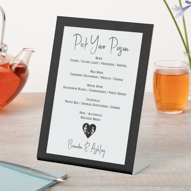 Pick Your Poison Skeleton Wedding White Bar Menu Pedestal Sign (In SItu)