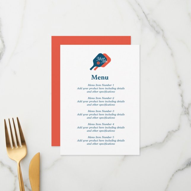Pickelball wedding menu with paddle racket logo (Front/Back In Situ)