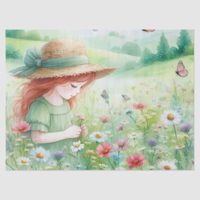 Picking Flowers Girl in Garden Tissue Paper (Front)
