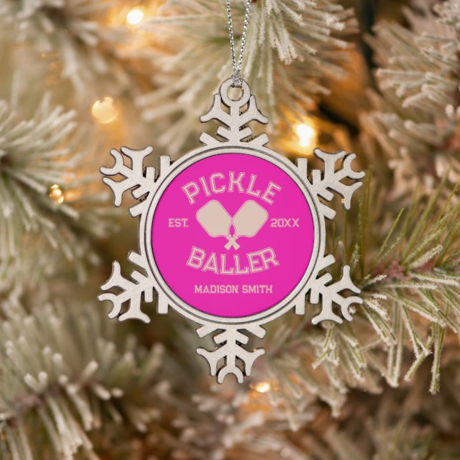 Pickle Baller Pickleball Collegiate Typography Snowflake Pewter Christmas Ornament (Tree)