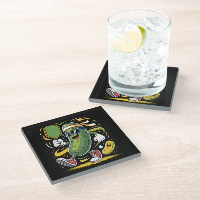 Pickle Playing Pickleball Glass Coaster (Angled)