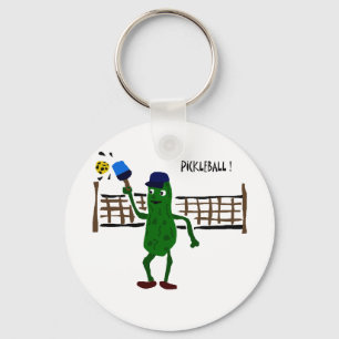 Pickle Playing Pickleball Primitive Art Key Ring