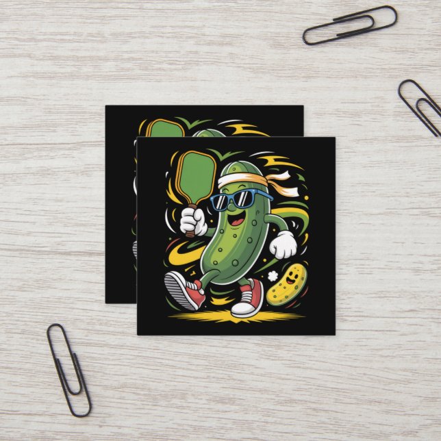 Pickle Playing Pickleball Square Business Card (Front/Back In Situ)