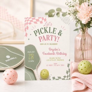 Pickleball 14th Birthday Invitation Pink Sage Pi