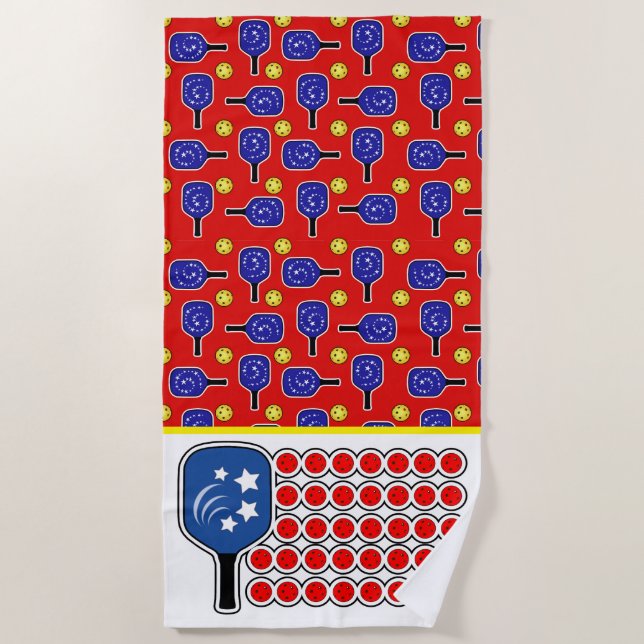 Pickleball American Flag Red White and Blue  Beach Towel (Front)