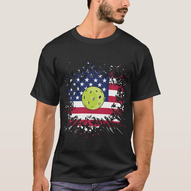 Pickleball American Flag US Racket Paddle Ball T-Shirt (Front)