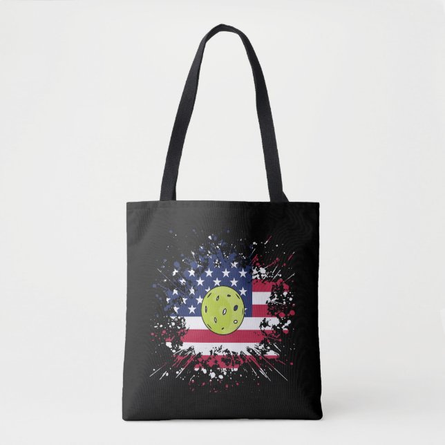 Pickleball American Flag US Racket Paddle Ball Tote Bag (Front)