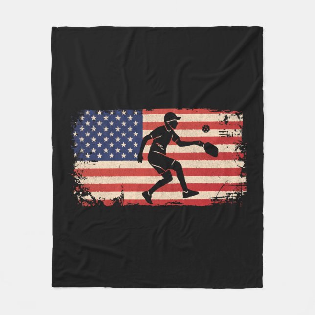Pickleball American Flag Vintage Fleece Blanket (Front)