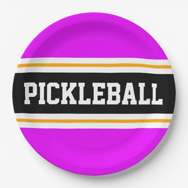 PICKLEBALL Athletic Tropical Pink Black Stripes Paper Plate (Front)