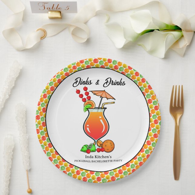 Pickleball Bachelorette Wedding Dinks & Drinks Paper Plate (Wedding)